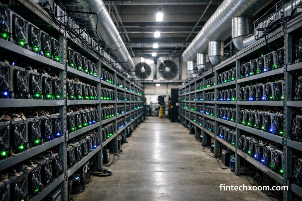 Large bitcoin mining farm with rows of ASIC mining machines