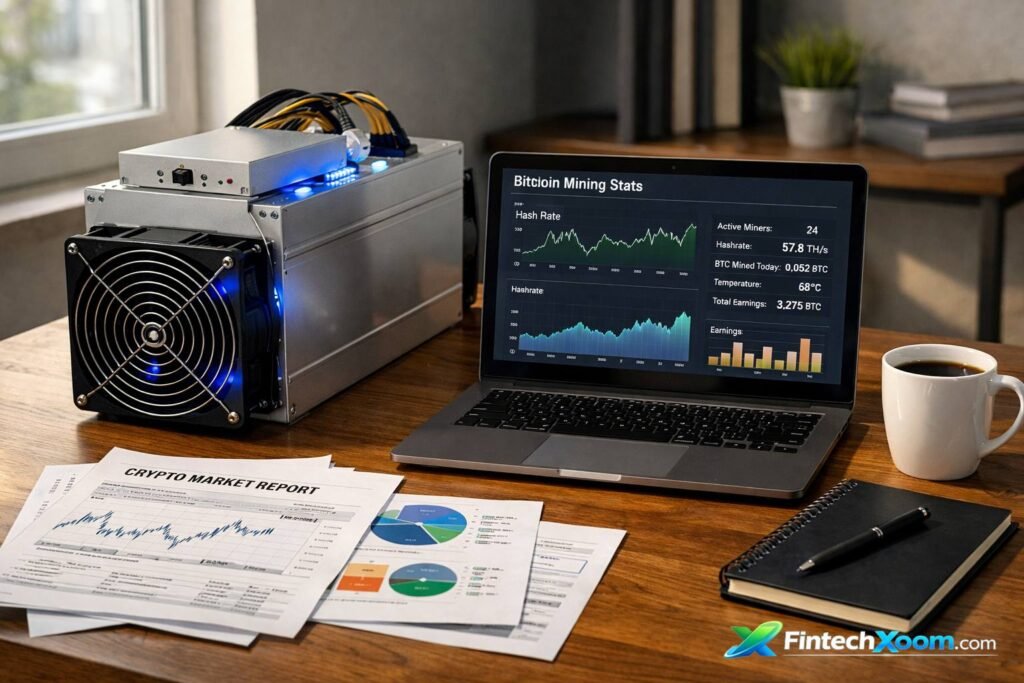 Bitcoin mining machine with laptop showing mining statistics