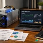 Bitcoin mining machine with laptop showing mining statistics
