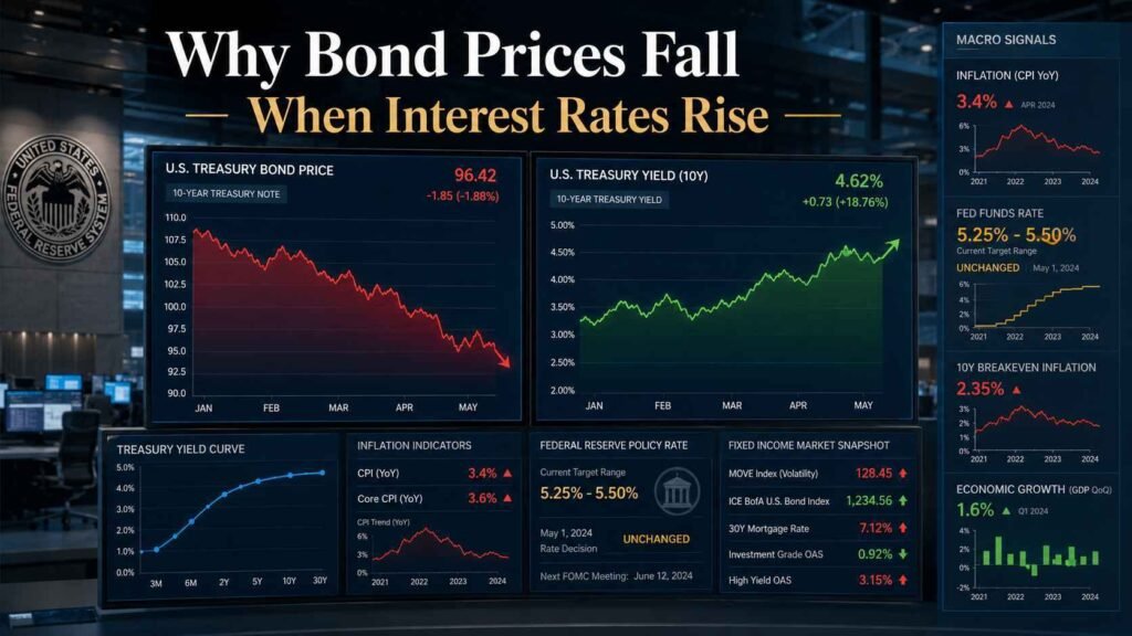 Bond prices declining as Treasury yields rise during changing interest-rate conditions in fixed-income markets